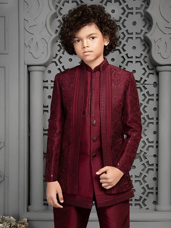 Maroon fabulous raw silk indo western for boys