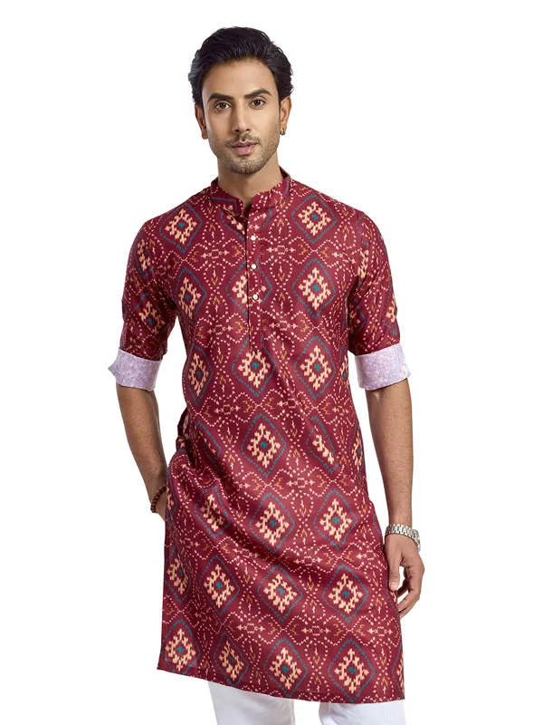 Maroon festive printed silk kurta for men