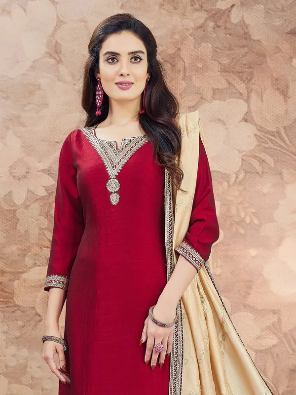 Maroon festive wear silk salwar suit for women