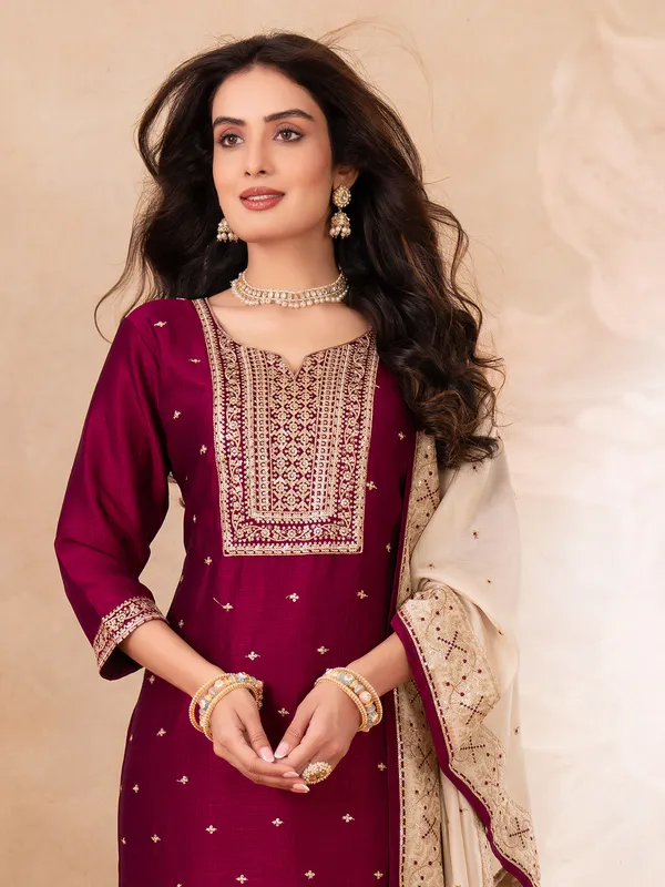 Maroon festive wear silk salwar suit with sequins