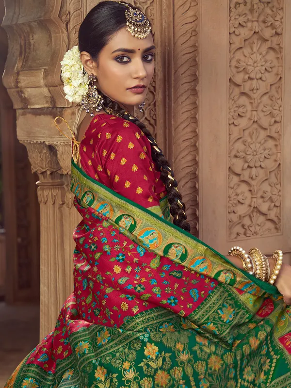 Maroon festive wear silk saree with print