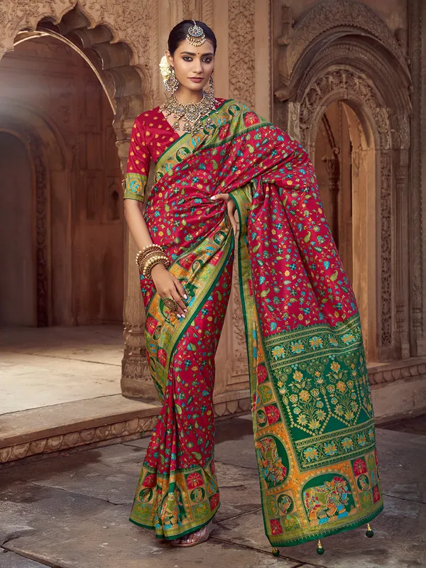 Maroon festive wear silk saree with print