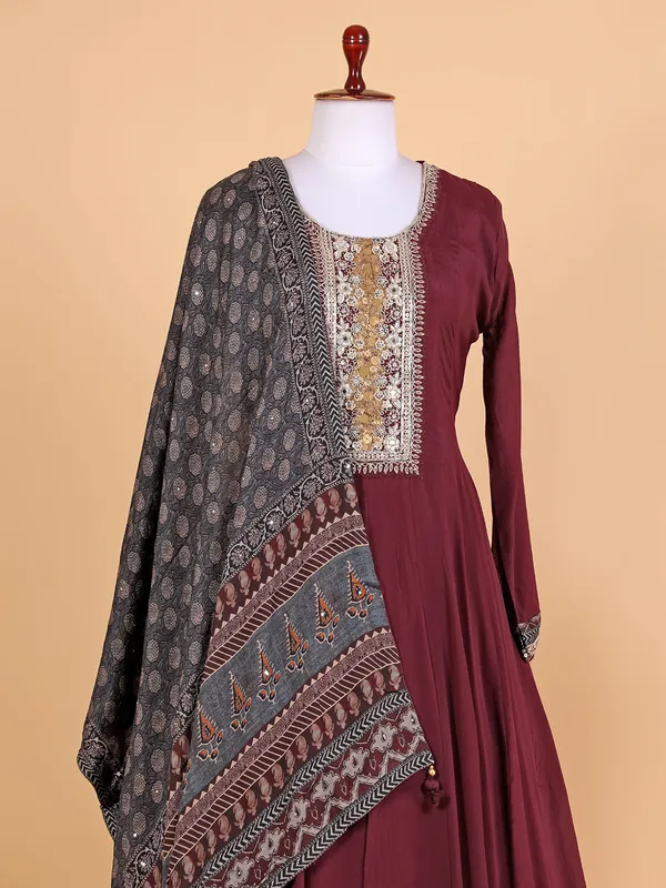 Maroon floor length suit with printed dupatta