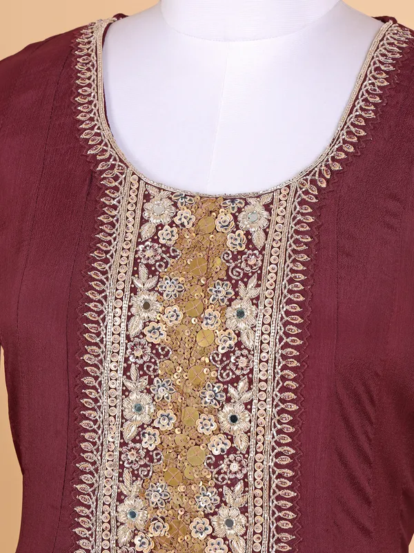 Maroon floor length suit with printed dupatta