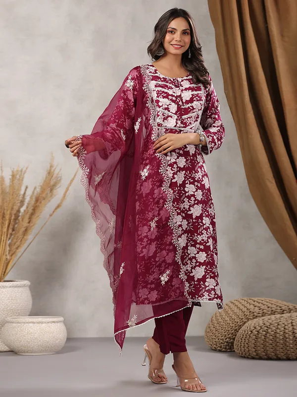 Maroon floral printed silk kurti set