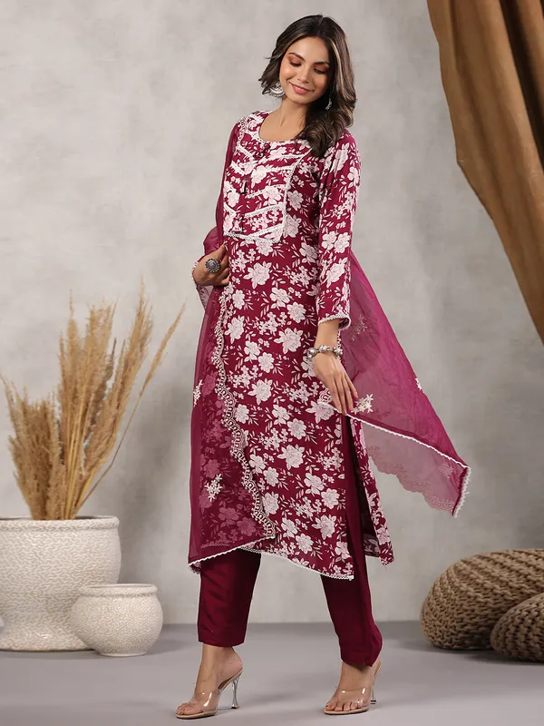 Maroon floral printed silk kurti set