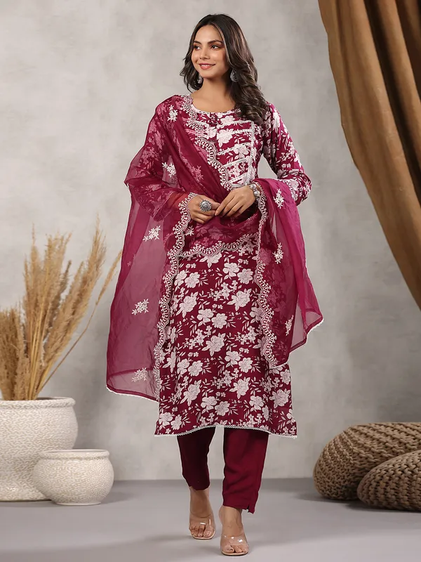 Maroon floral printed silk kurti set