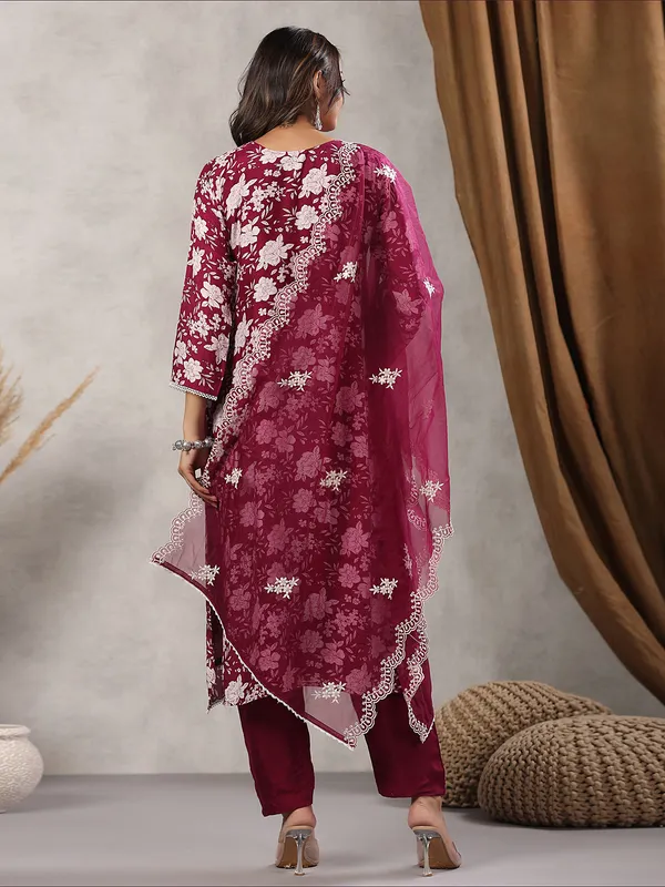 Maroon floral printed silk kurti set
