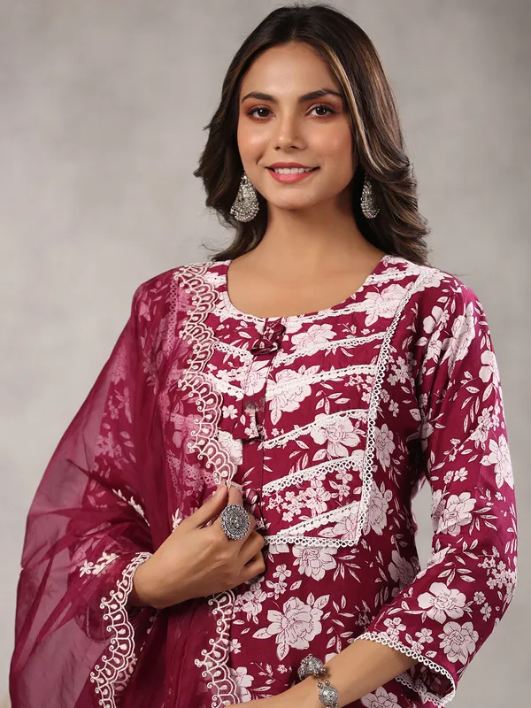 Maroon floral printed silk kurti set