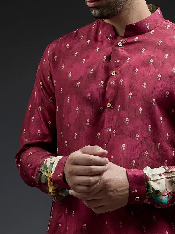 Maroon flower floral print silk festive kurta suit