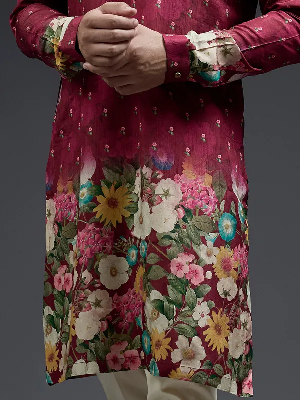 Maroon flower floral print silk festive kurta suit