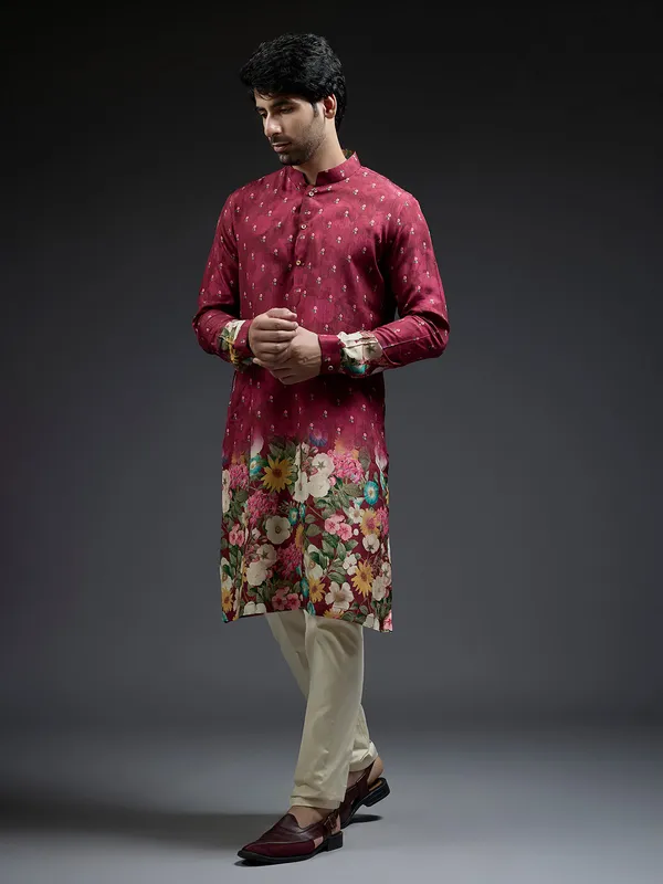 Maroon flower floral print silk festive kurta suit