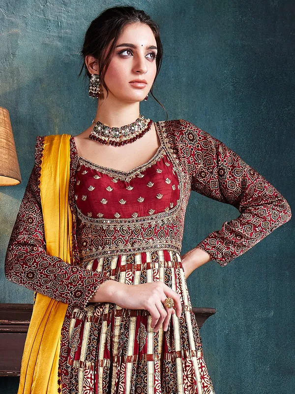 Maroon gaji silk anarkali suit with dupatta