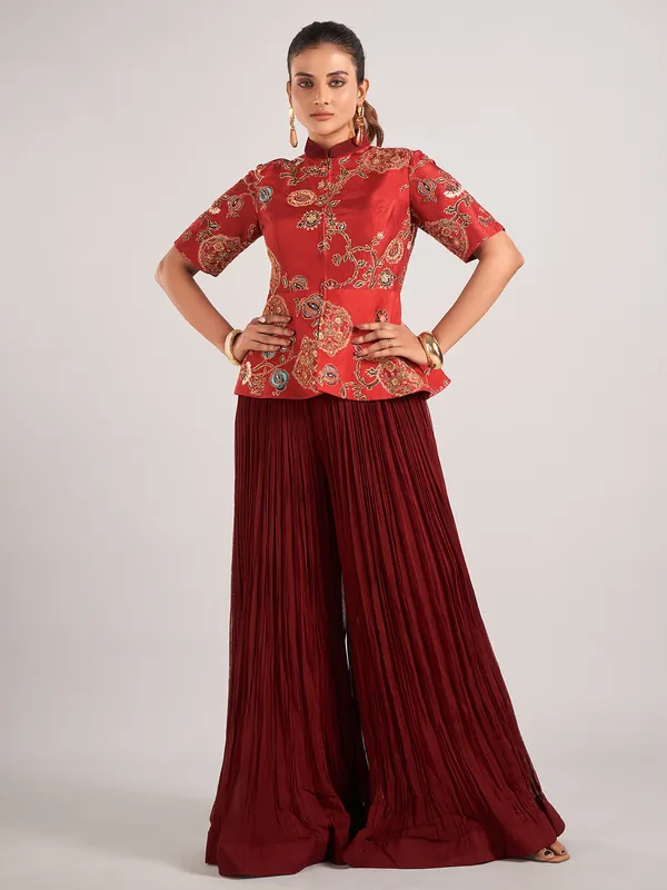 Maroon georgette designer palazzo suit