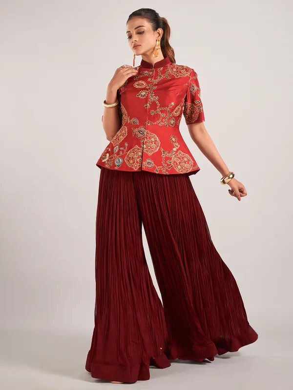 Maroon georgette designer palazzo suit