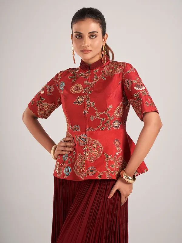 Maroon georgette designer palazzo suit