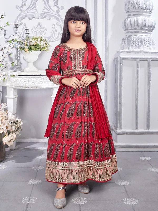 Maroon georgette printed anarkali suit