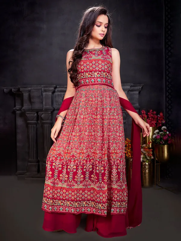Maroon georgette printed style palazzo suit