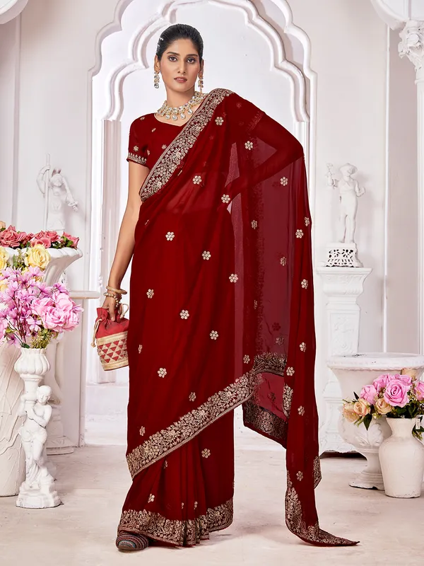 Maroon georgette saree with embroidery