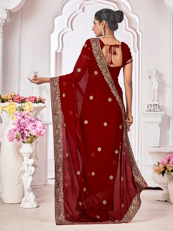 Maroon georgette saree with embroidery