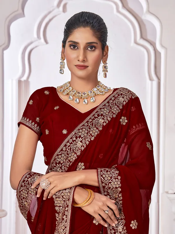 Maroon georgette saree with embroidery