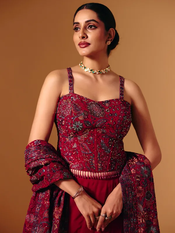 Maroon georgette stone embellished lehenga choli