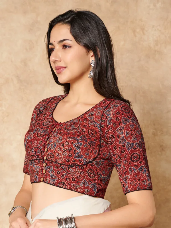 Maroon hand block printed ajrakh cotton ready made blouse
