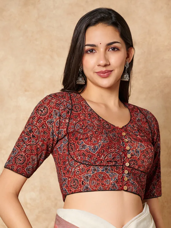 Maroon hand block printed ajrakh cotton ready made blouse