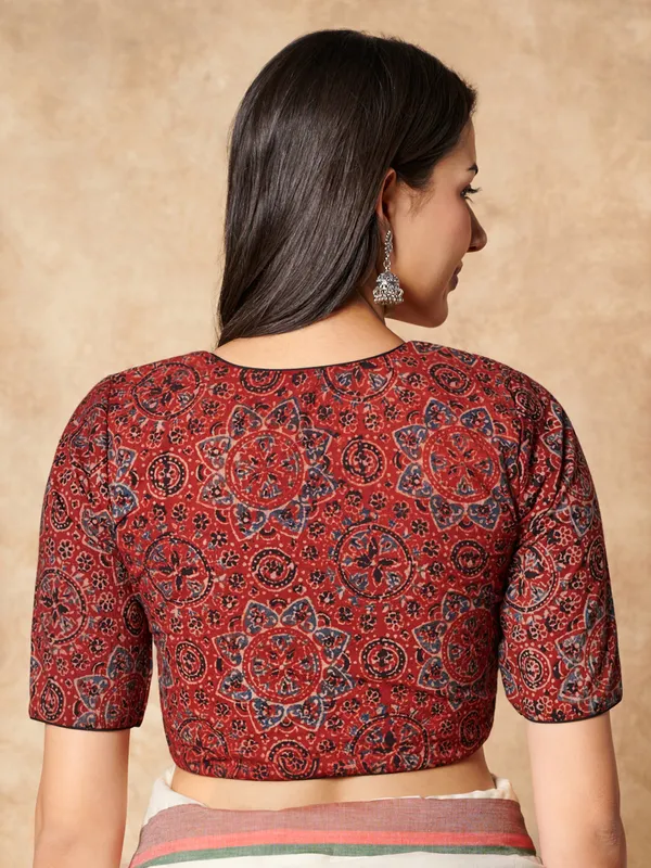 Maroon hand block printed ajrakh cotton ready made blouse