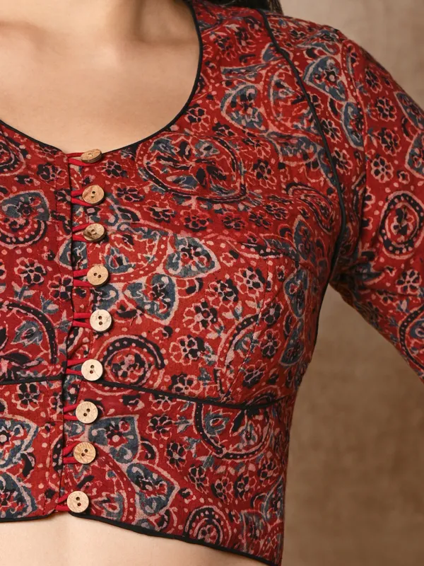 Maroon hand block printed ajrakh cotton ready made blouse