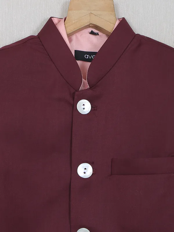 Maroon hued cotton silk waistcoat with shirt