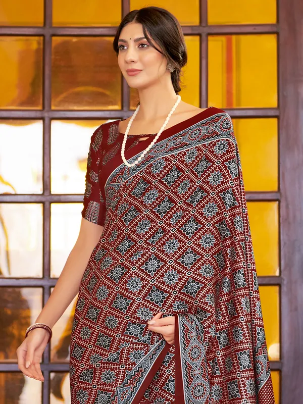 Maroon japan silk saree with ajrakh print