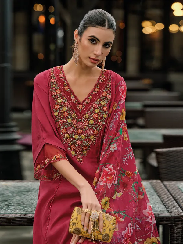Maroon kurti set with floral print dupatta