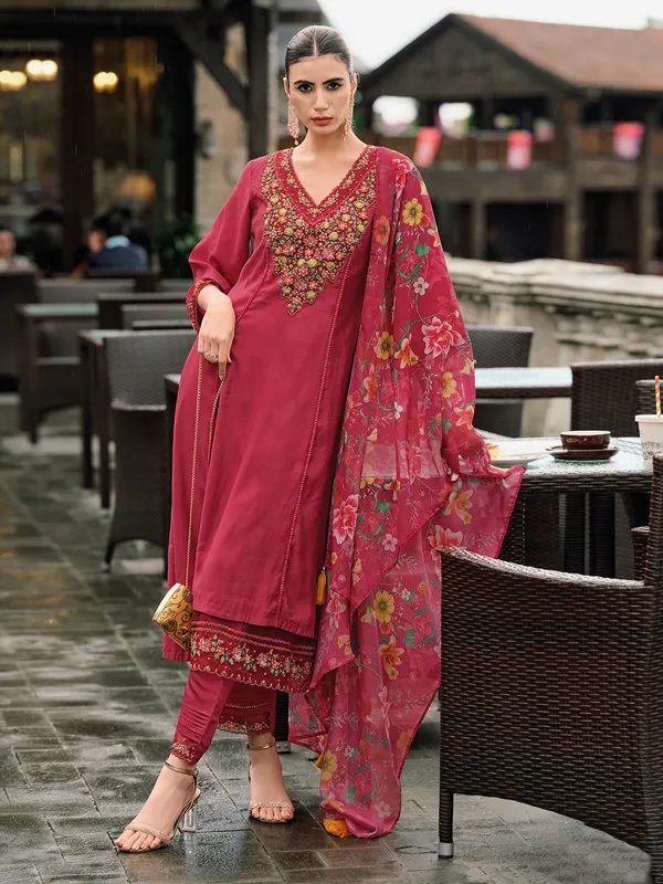 Maroon kurti set with floral print dupatta