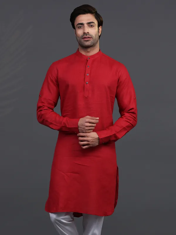 Maroon linen festive occasion mens kurta