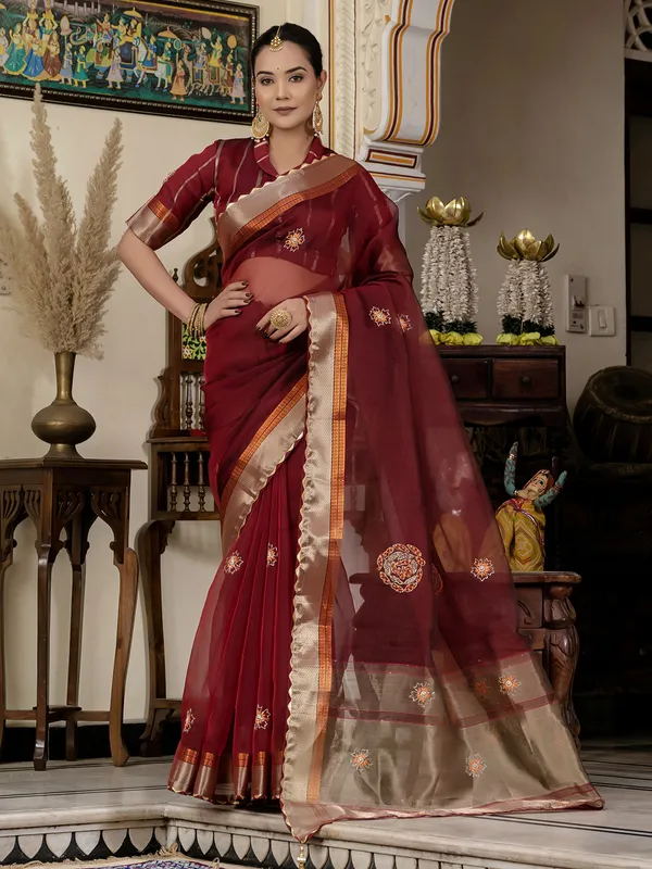 Maroon linen saree with zari weaving for celebrations