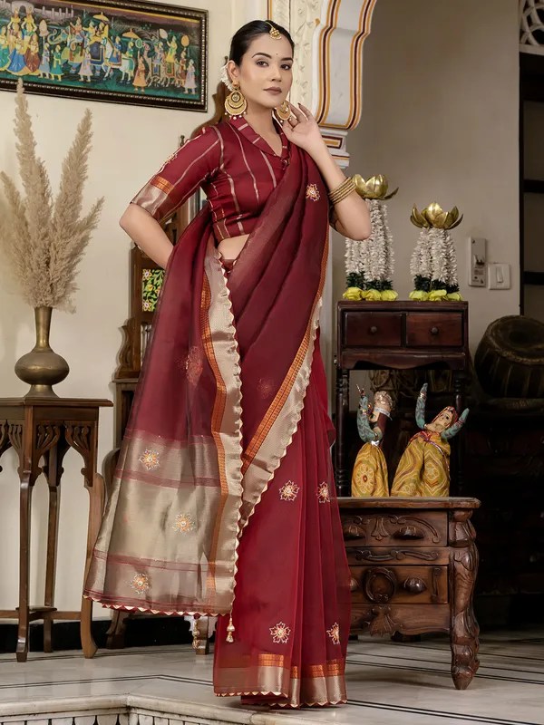 Maroon linen saree with zari weaving for celebrations