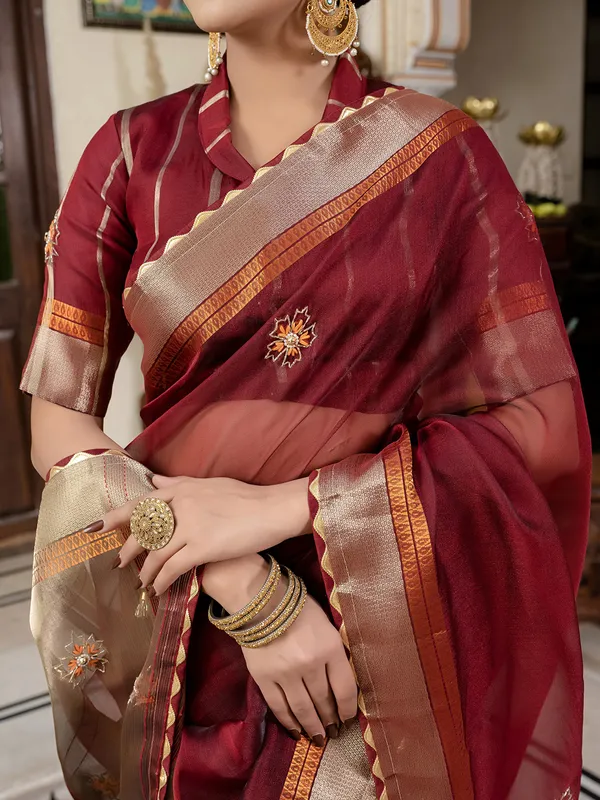 Maroon linen saree with zari weaving for celebrations