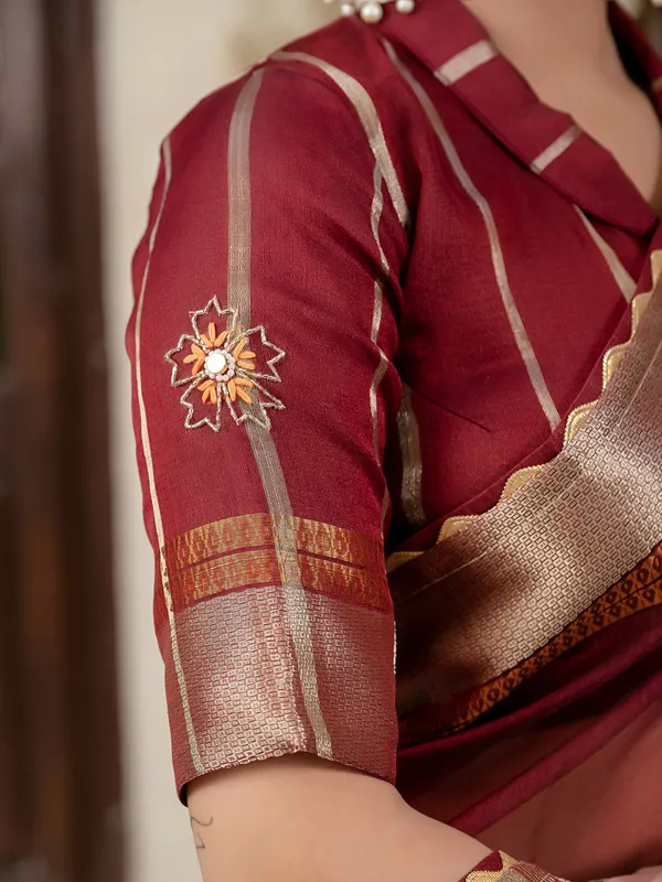 Maroon linen saree with zari weaving for celebrations