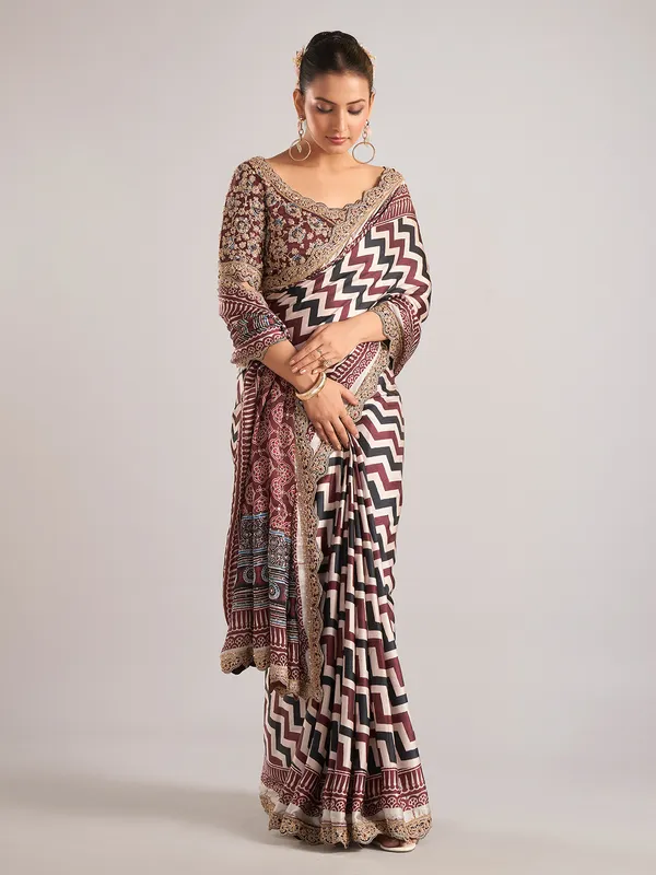 Maroon modal silk saree with zigzag pattern