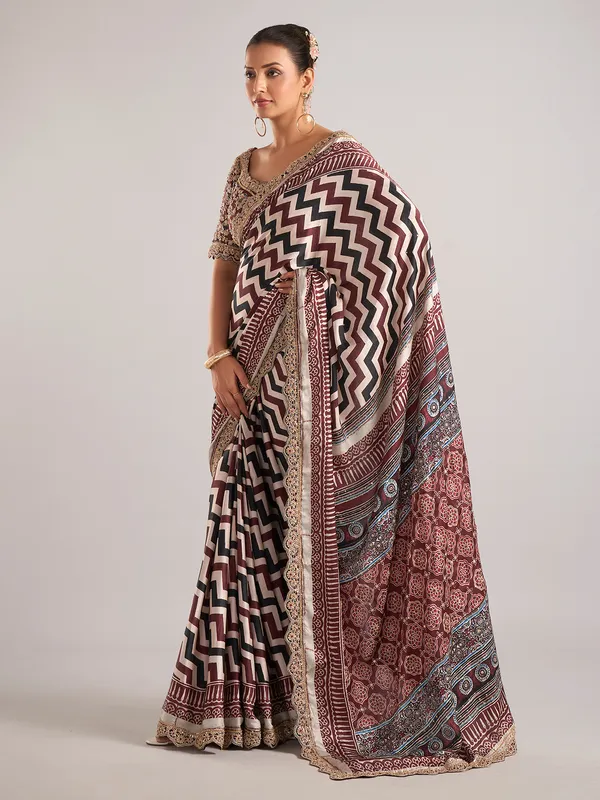 Maroon modal silk saree with zigzag pattern