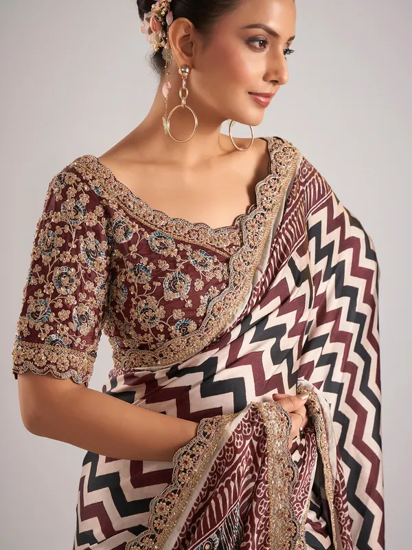 Maroon modal silk saree with zigzag pattern