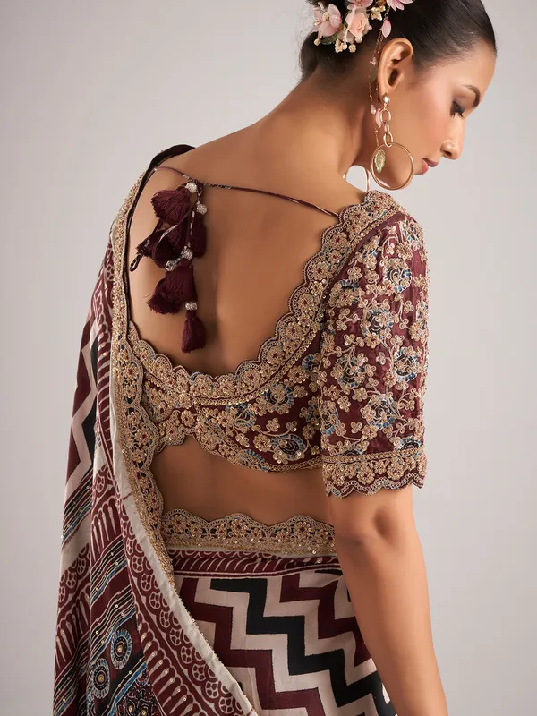 Maroon modal silk saree with zigzag pattern