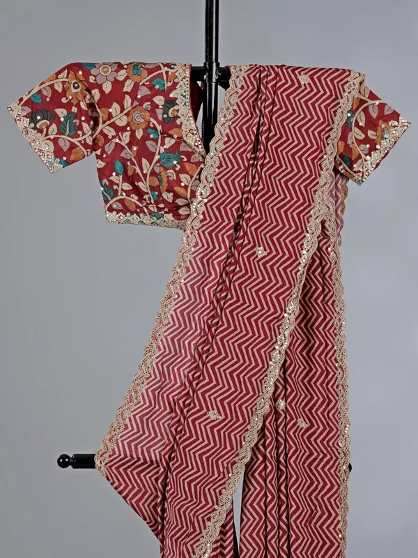 Maroon muslin silk printed saree with gota work