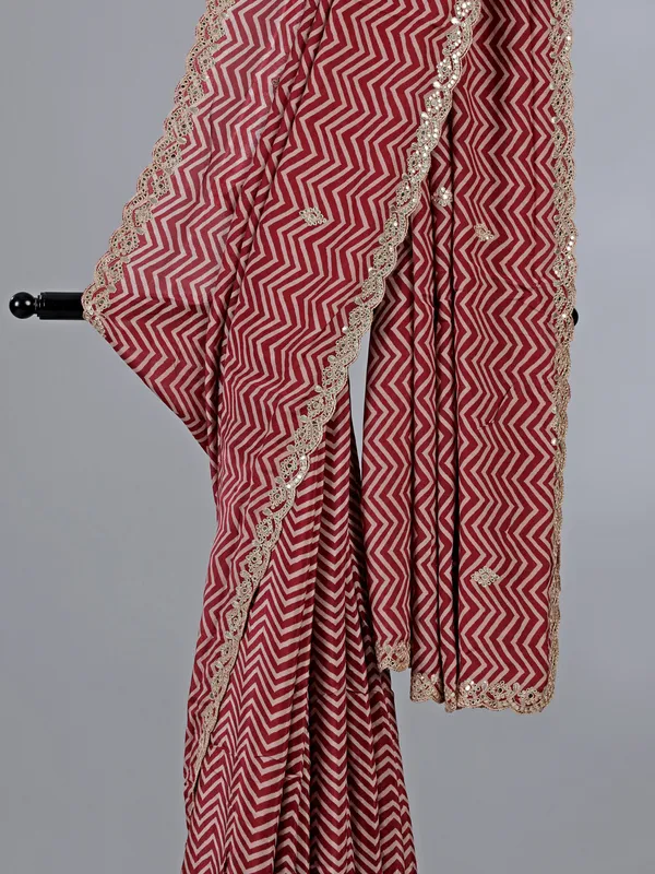 Maroon muslin silk printed saree with gota work