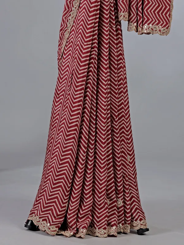 Maroon muslin silk printed saree with gota work