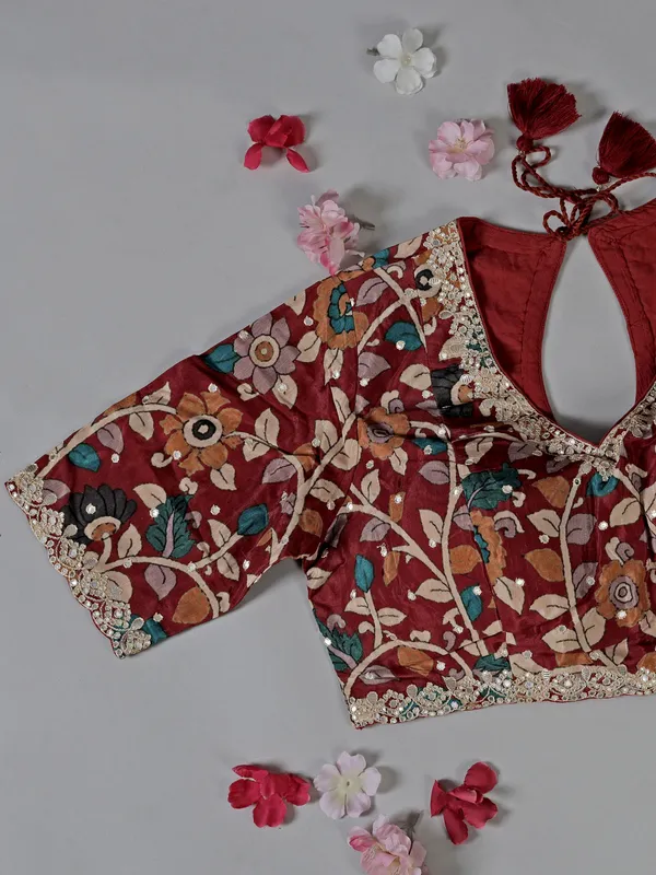 Maroon muslin silk printed saree with gota work