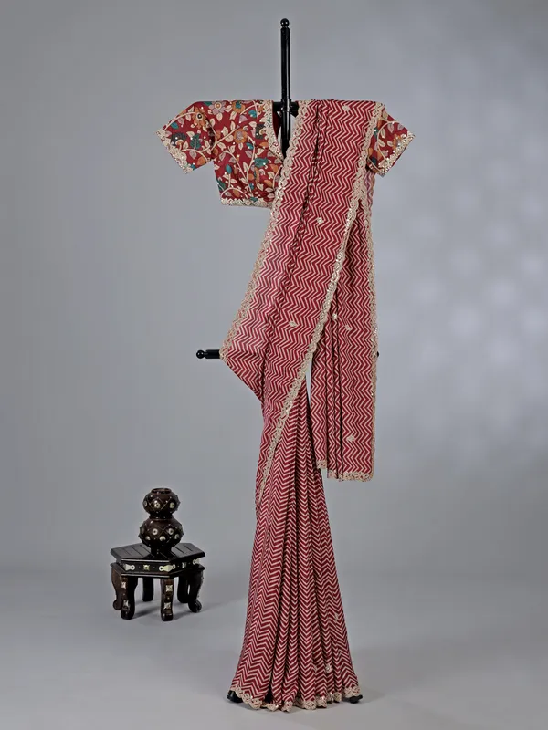 Maroon muslin silk printed saree with gota work