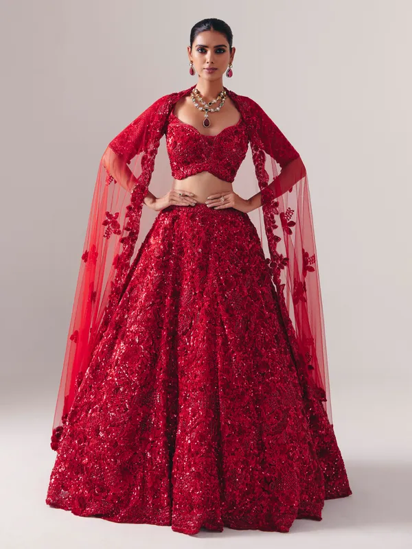 Maroon net designer lehenga choli with sequins gleam