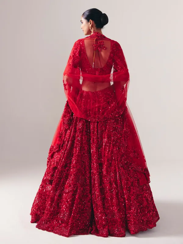 Maroon net designer lehenga choli with sequins gleam